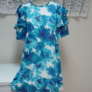 Calvin Klein Blue & White Floral Ruffle-Sleeve Dress